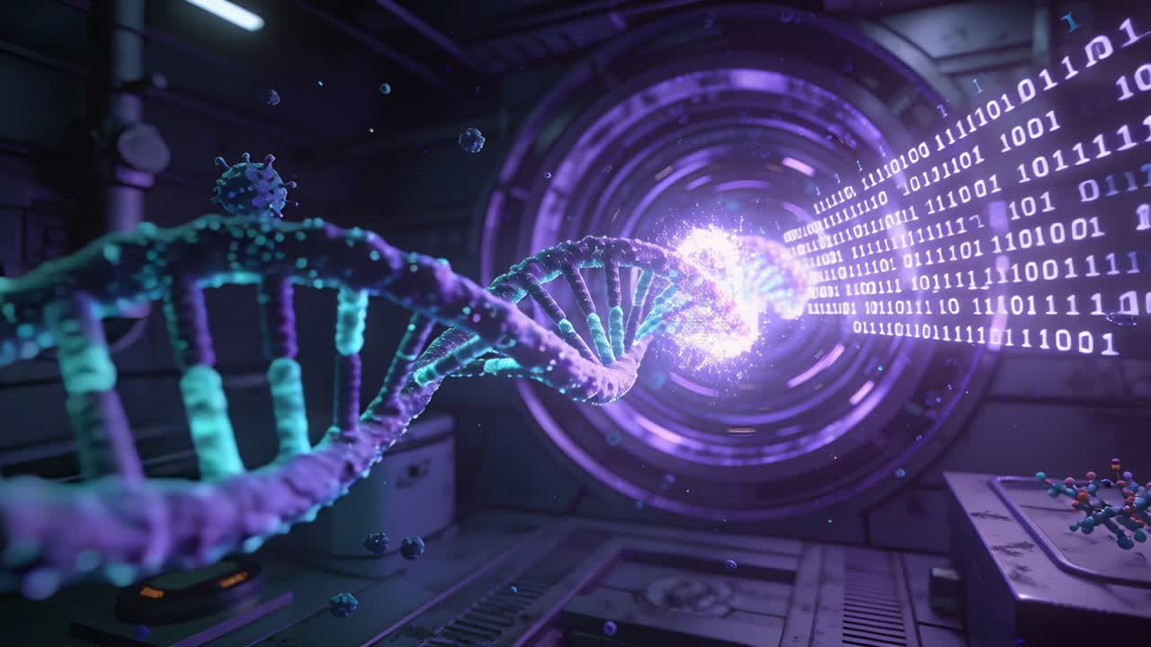 Glowing teal-purple DNA helix moving through futuristic lab toward ring portal, streaming binary