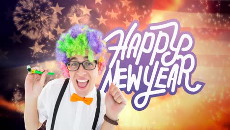 animation of man in party wig celebrating over happy new year text, fireworks and flag of america