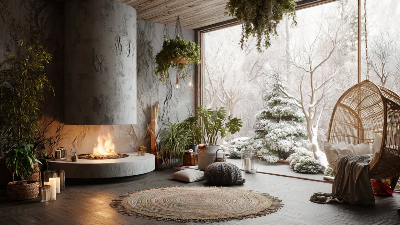 Cozy Winter Living Room with a Fireplace and Scenic View of Snow-Covered Trees: An Inviting Space Featuring Natural Elements, Warm Lighting, and Comfortable Furnishings in a Tranquil Atmosphere