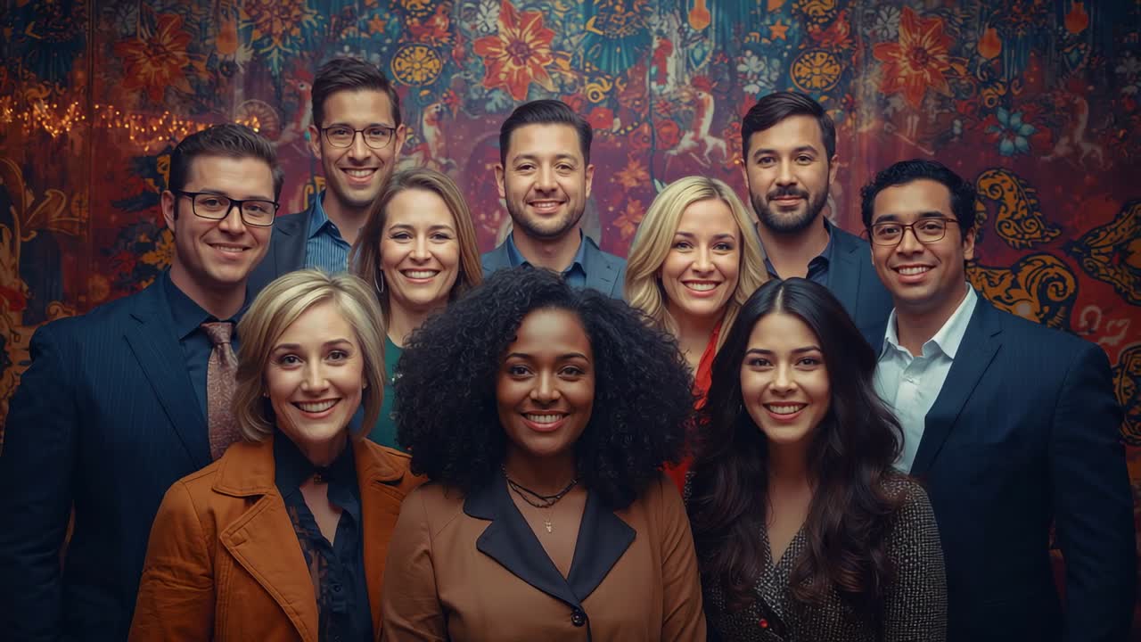 Opening on nine professionals wearing formal attire and posing for portrait in studio with tapestry