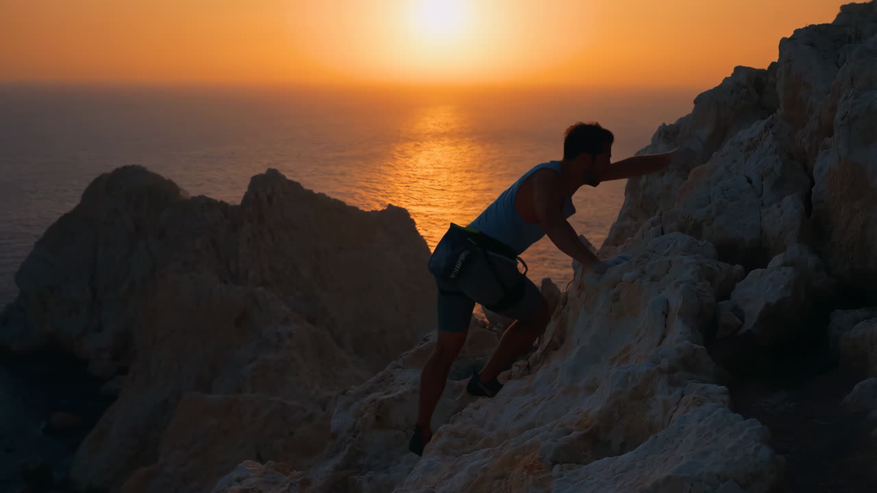 Man Rock Climbing at Sunset by the Sea