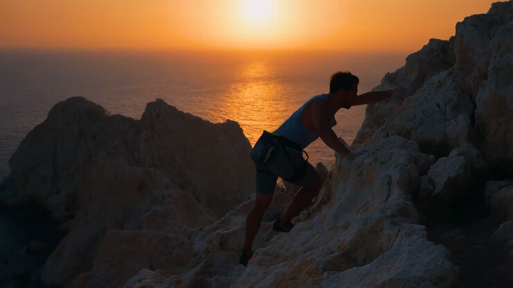 Man Rock Climbing at Sunset by the Sea