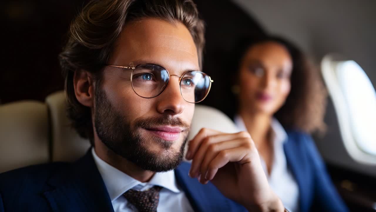 A Sophisticated Traveler Enjoys a Moment of Reflection During a Luxurious Private Jet Flight, Capturing the Essence of Elegance and Thoughtfulness Amidst Modern Air Travel