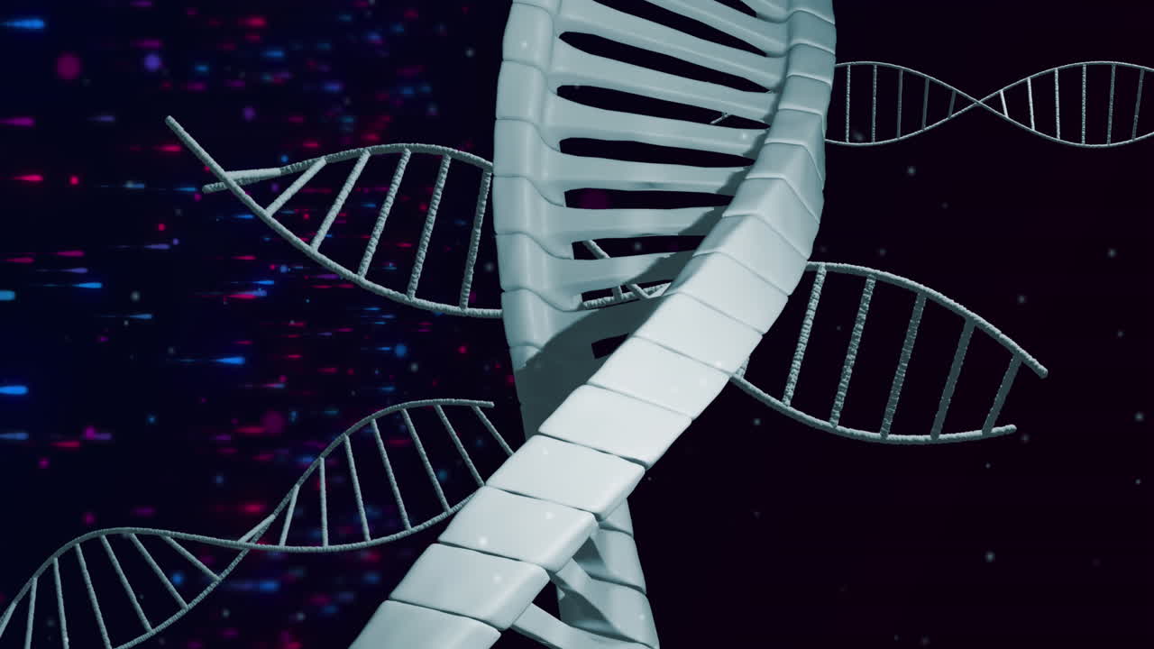 Animation of dna strands spinning over glowing particles