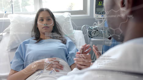 Animation of scientific data processing over caucasian male doctor with female patient