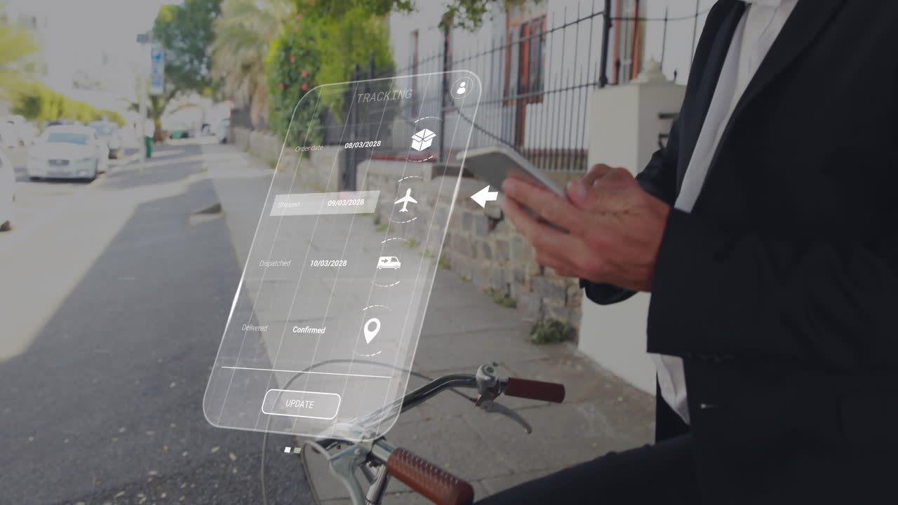 animación de interfaz digital con procesamiento de datos sobre hombre caucásico usando teléfono inteligente en bicicleta