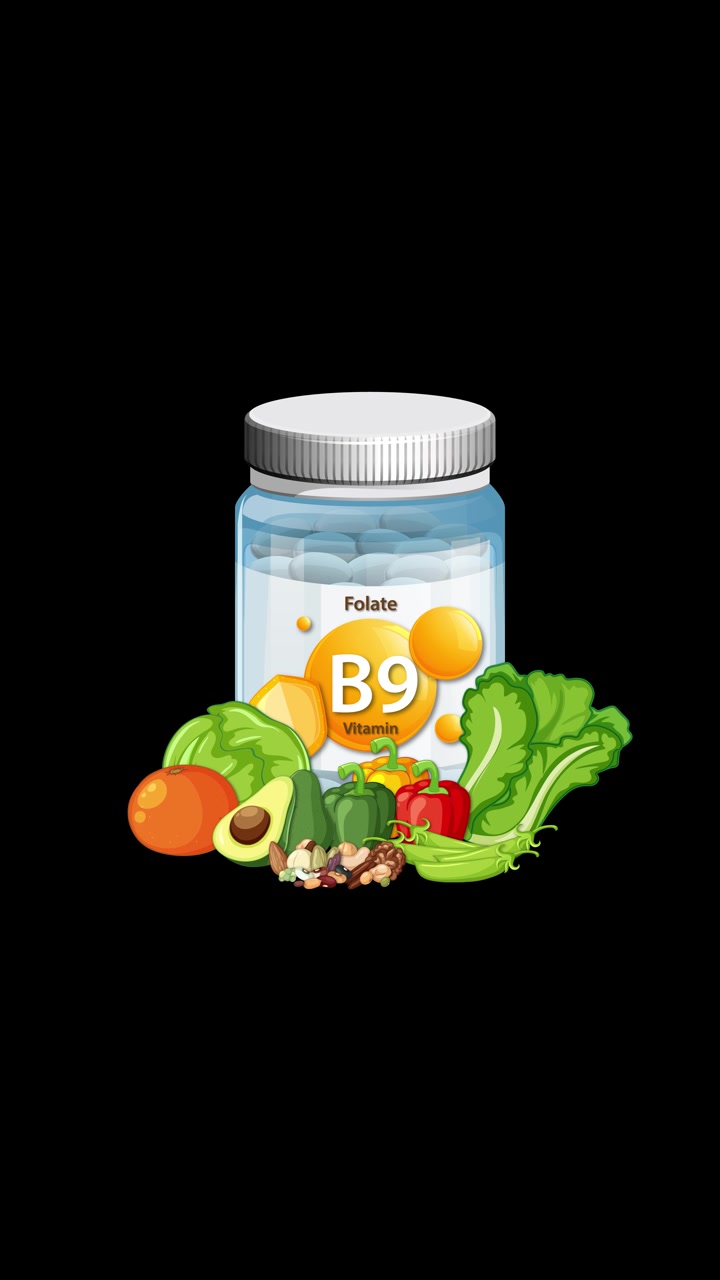 Flacone di integratore di Vitamina B9 gradualmente circondato da verdure assortite su sfondo nero, transizioni fluide