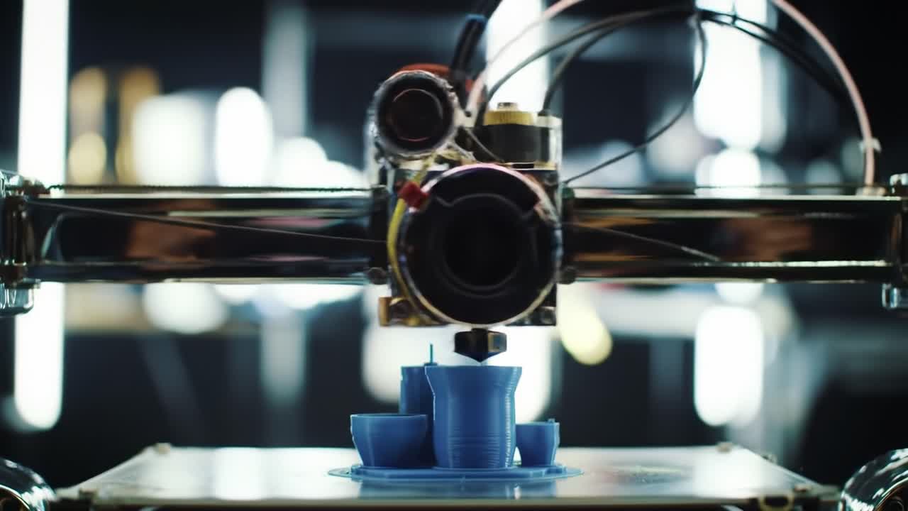 A Close-Up View of an Advanced 3D Printer in Action, Showcasing the Precision and Detail in the Process of Creating a Blue Object Layer by Layer