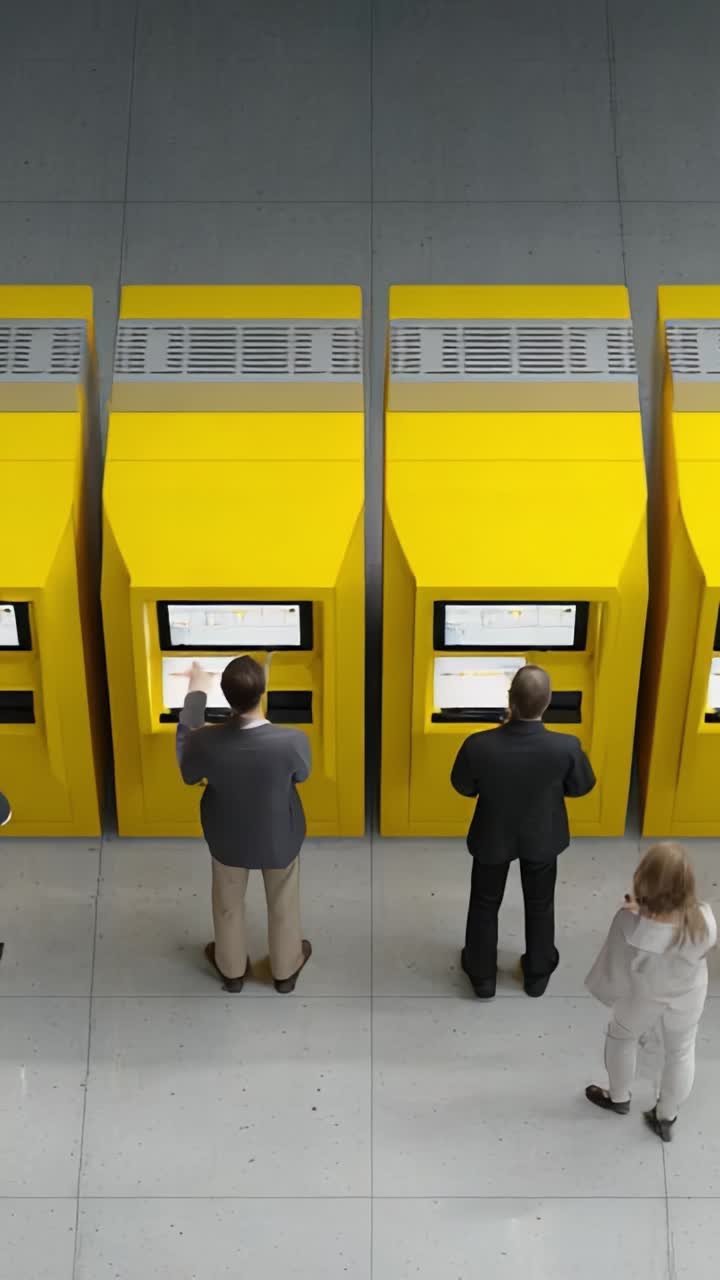 People Interacting with Modern Yellow Kiosks in a Bright Indoor Space, Showcasing Technology and Convenience for User Transactions and Information Access
