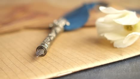vintage feather quill pen on lined paper with flower