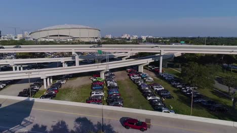 4k aerial drone video of tropicana field and full parking lots next to interstate 275 in downtown st