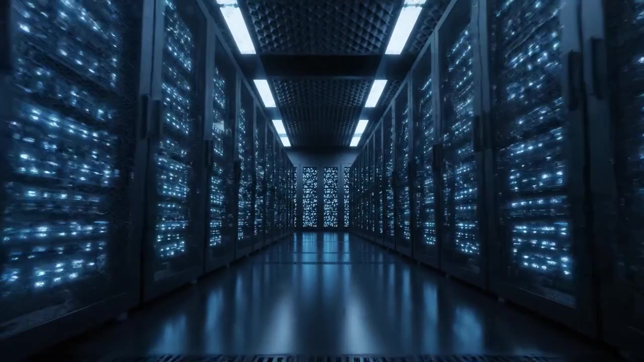 An Intricate Look Inside a Modern Data Center Featuring High-Tech Server Racks Illuminated by Cool Blue LED Lights for Optimal Performance and Efficiency
