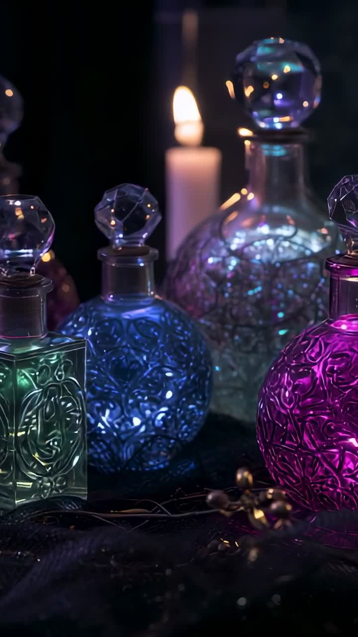 Vertical video: Panning camera zooming in on magenta perfume bottle, highlighting details on vanity