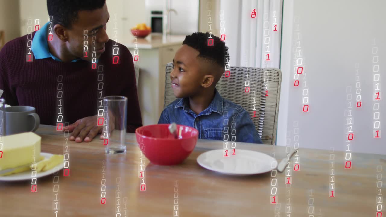 Child pulling chair to join breakfast, adult engaging, technology binary digits overlaying scene