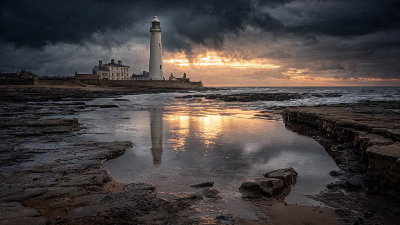 A Dramatic Sunset Over a Lighthouse Reflected in Still Waters Amidst Dark Stormy Skies, Capturing the Beauty of Nature's Elements in Harmony