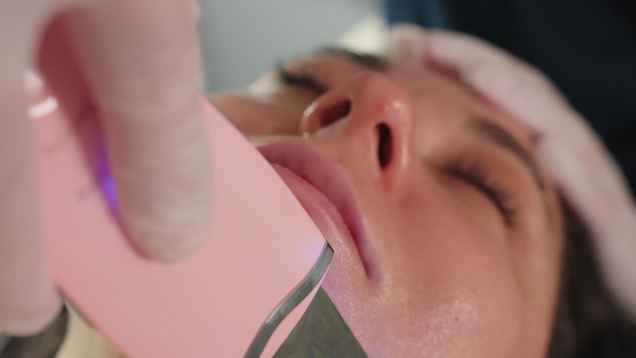 Close up of young client closing eyes peacefully face up while technician glides vibrating tool in circular motion over jawline during spa treatment under soft lighting for relaxation