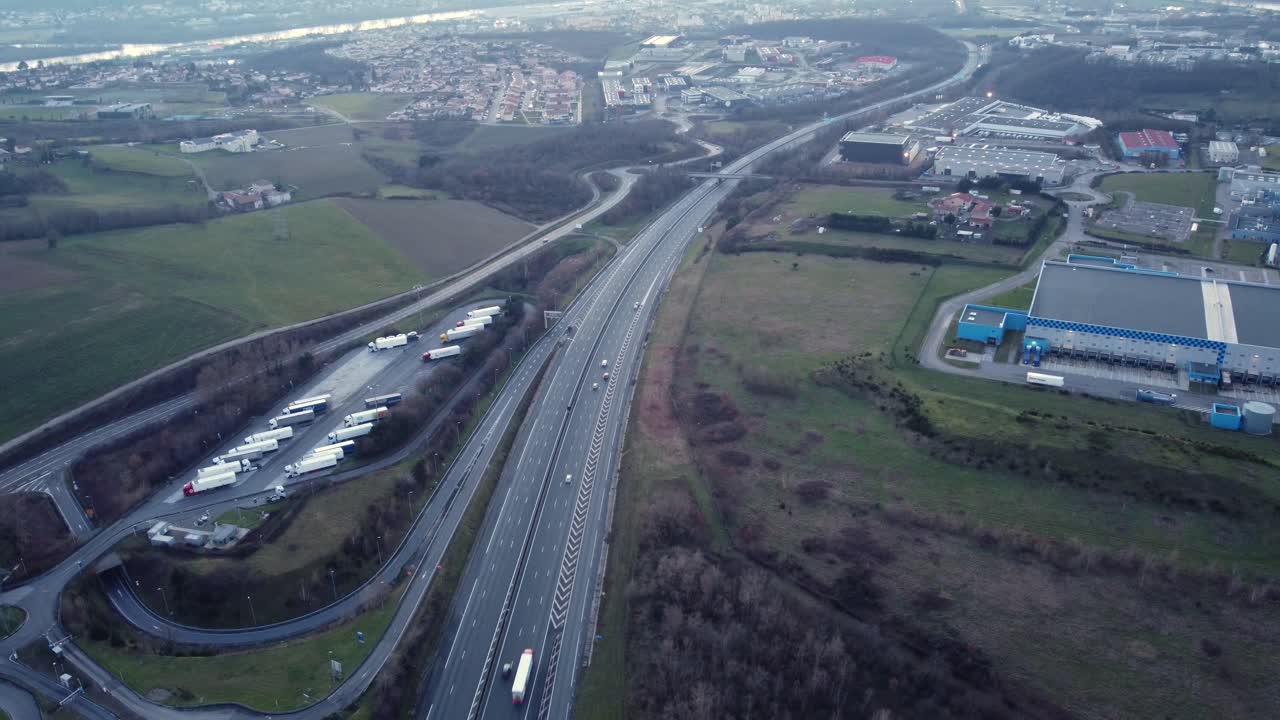 Aerial view of highway and commercial area