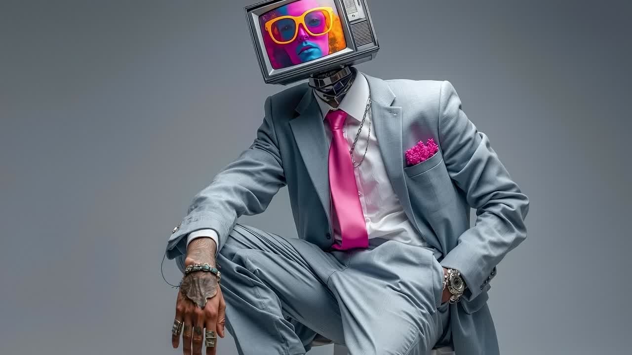 A man in a suit with a television on his head