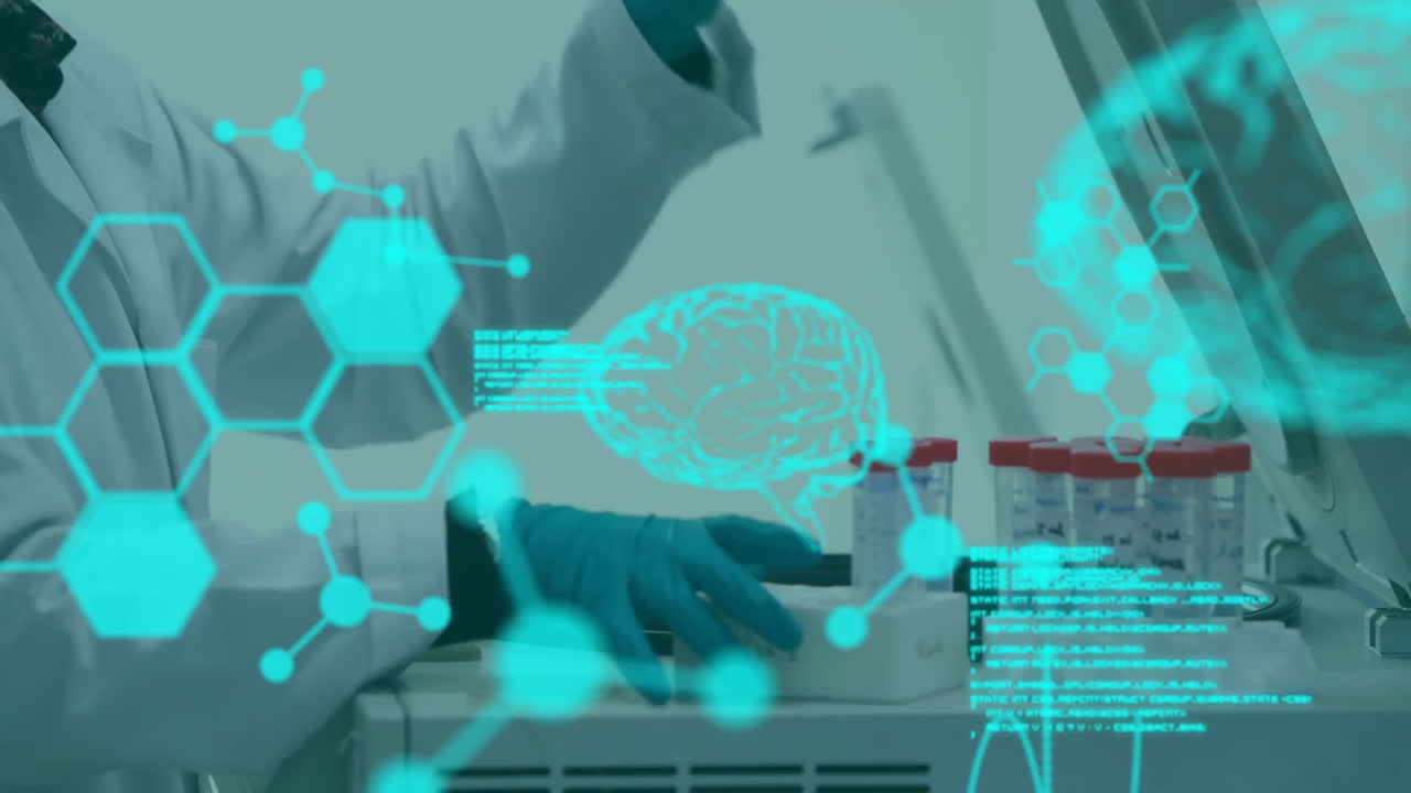 animación del cerebro digital y procesamiento de datos sobre científico caucásico en el laboratorio