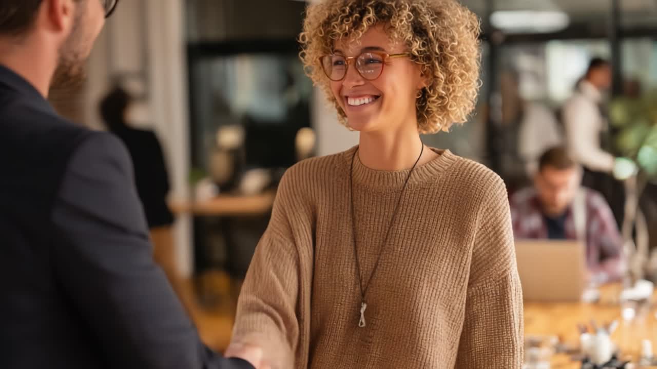 A joyful encounter in a modern workspace, showcasing a smiling woman with curly hair engaging in a friendly handshake with a well-dressed man, embodying collaboration and positivity