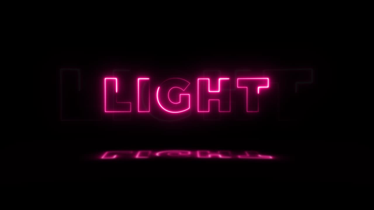 la palabra "luz" de neón brillante sobre un fondo negro con reflejos en el suelo. señales de brillo de neón en gráfico de movimiento de bucle sin costuras