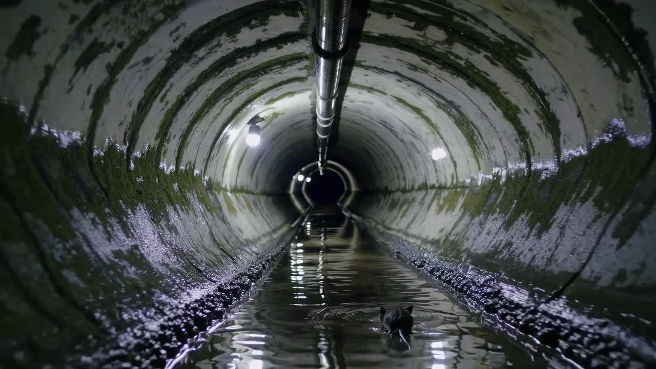 Moody video scene of a dimly lit tunnel with water reflections, captured from a low angle