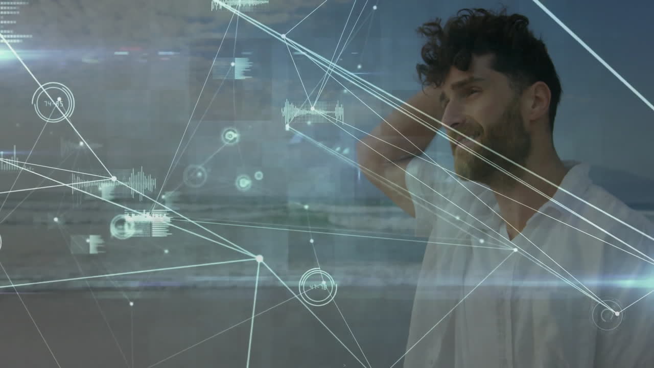 Man standing by window with digital network connections overlay animation
