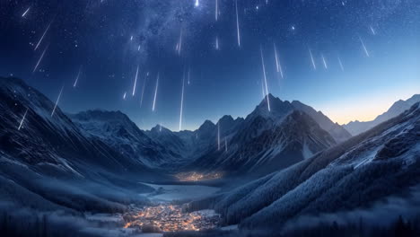 winter night landscape with shooting stars over mountain village