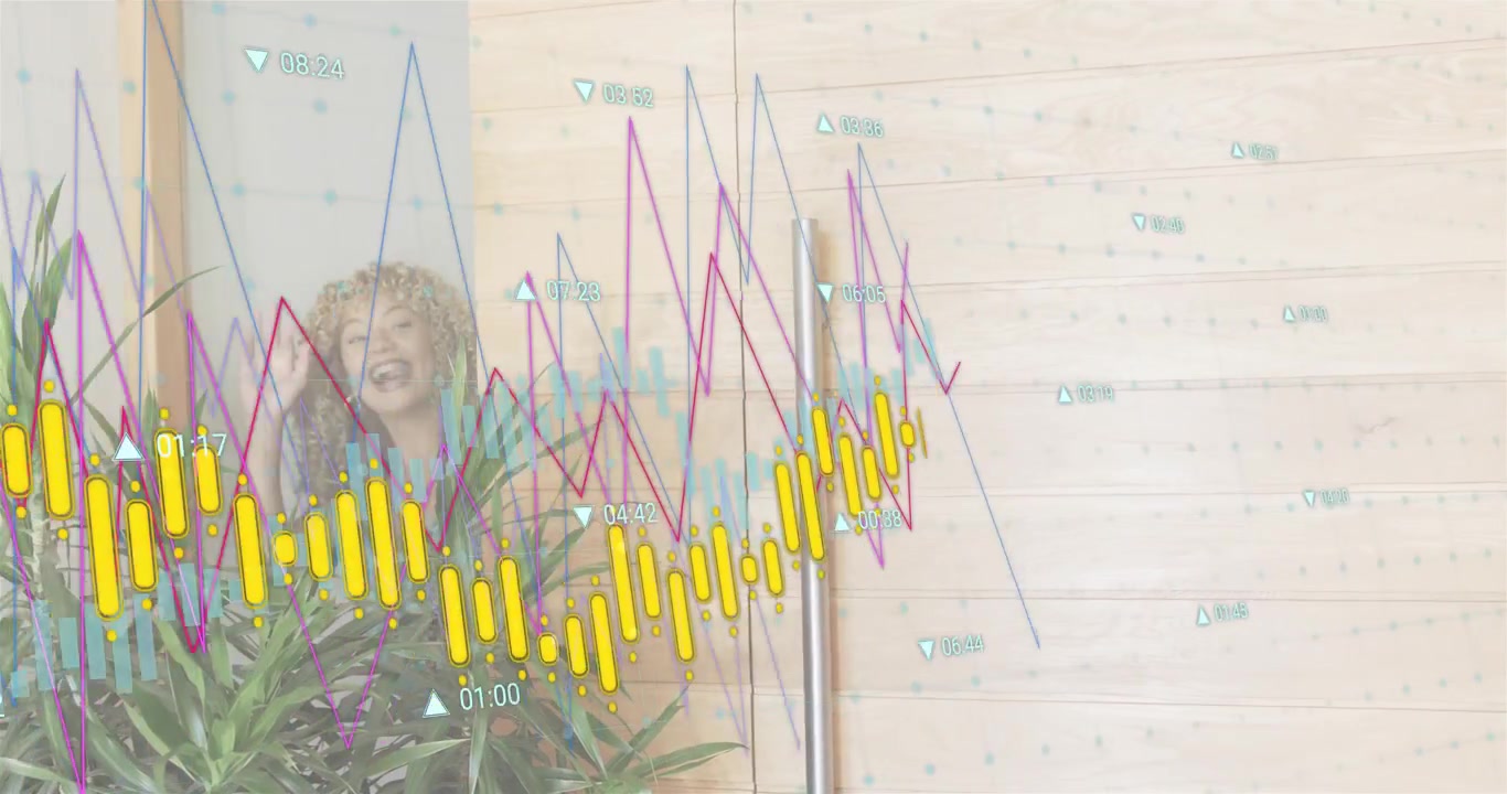 Display di dati trasparente che si anima sopra una pianta, mostrando le tendenze di mercato mentre il presentatore si posiziona dietro il grafico.