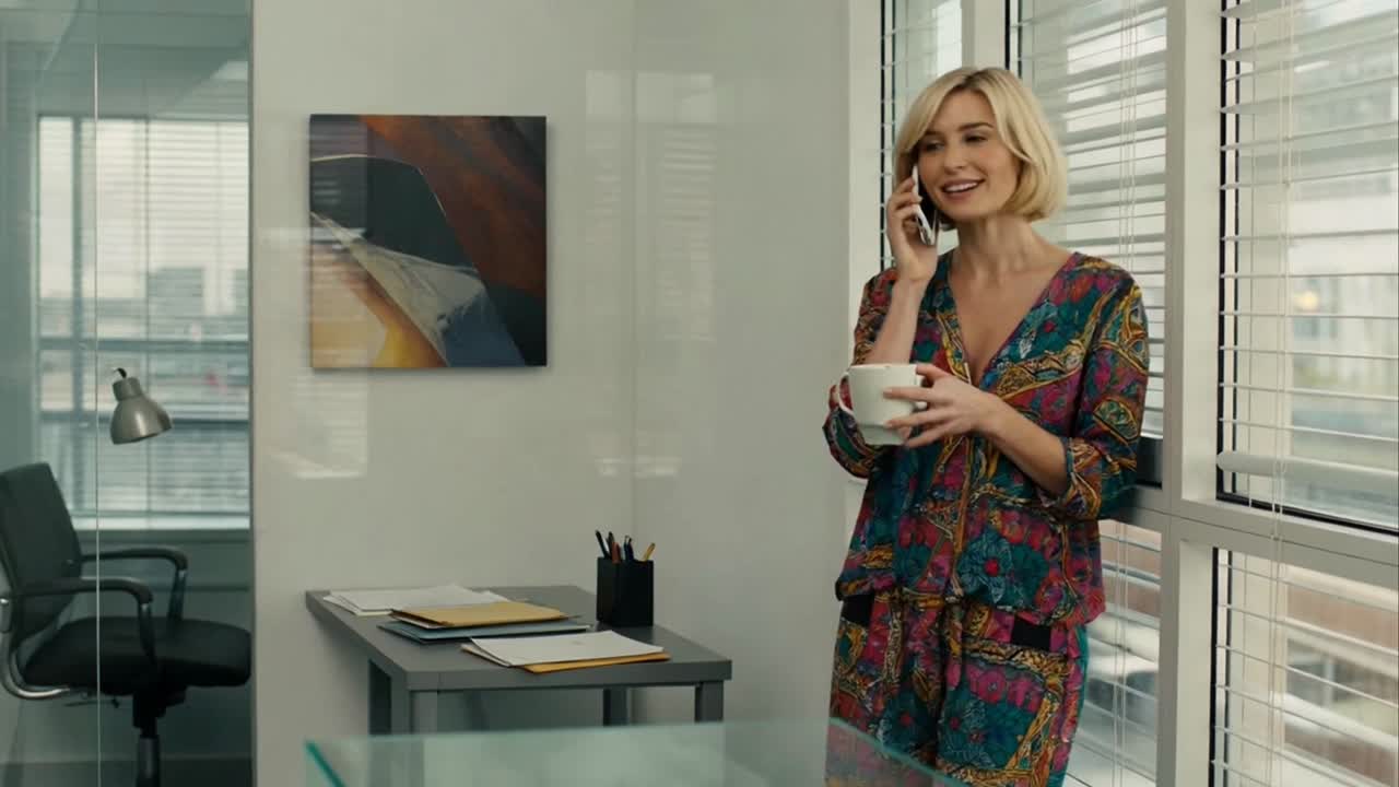 Blonde Businesswoman Talking on Phone While Holding Mug by Office Window