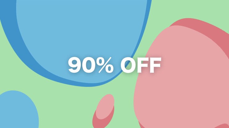 Questa vivace grafica promuove uno sconto del 90%, catturando l'attenzione con colori audaci e grafica in movimento.