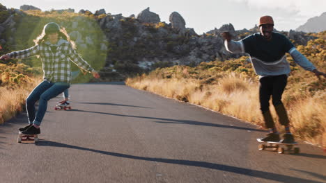 happy multi ethnic friends longboarding together riding skateboard cruising on countryside road having fun hanging out enjoying relaxed summer vacation