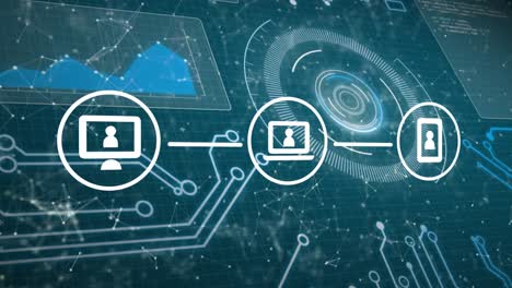 animation of icons with network of connections, scope scanning and data processing