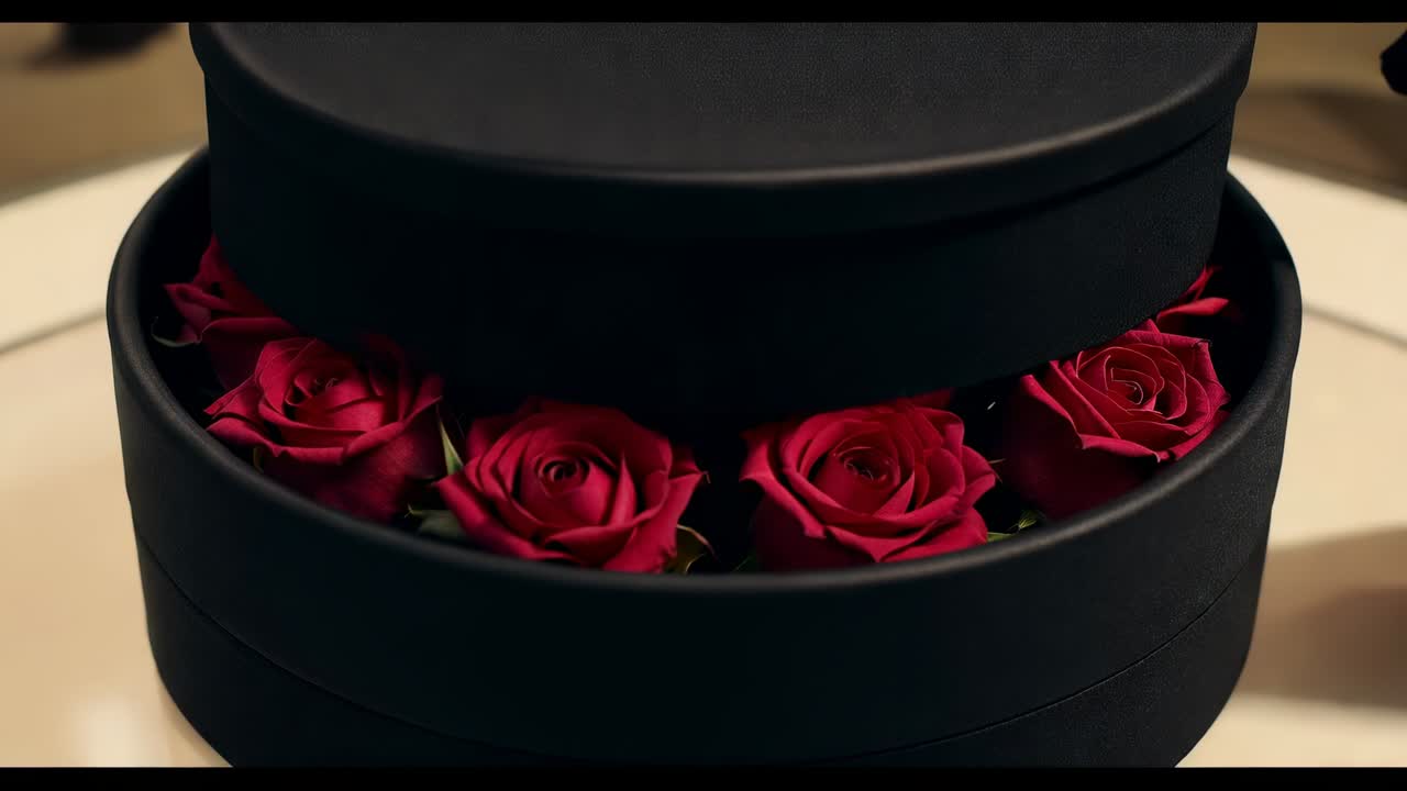 Coperchio sollevato, scatola rotonda nera opaca che rivela rose rosse sul tavolo, la fotocamera si chiude lentamente, regalo