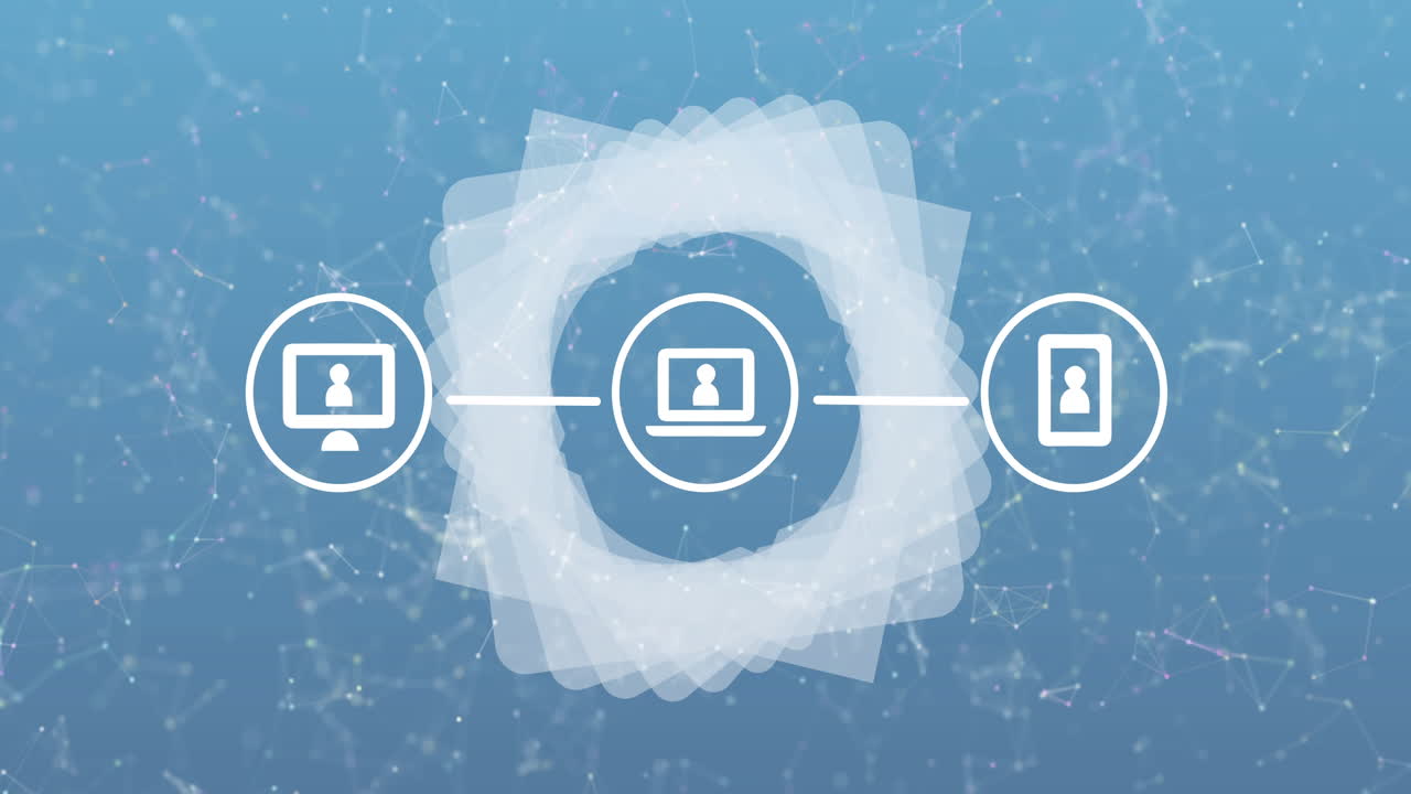 Animation of connected digital communication media icons over spinning shape and network, on blue