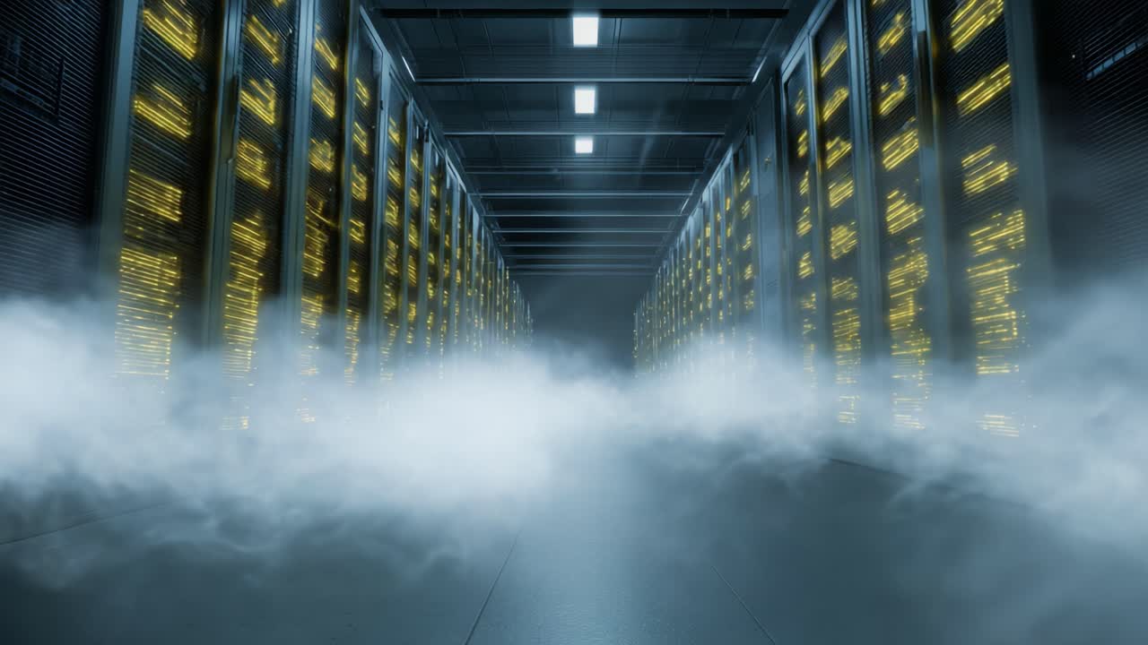 A Mystical Fog Envelops a High-Tech Data Center Filled with Rows of Illuminated Servers, Creating an Otherworldly Atmosphere of Innovation and Data Processing