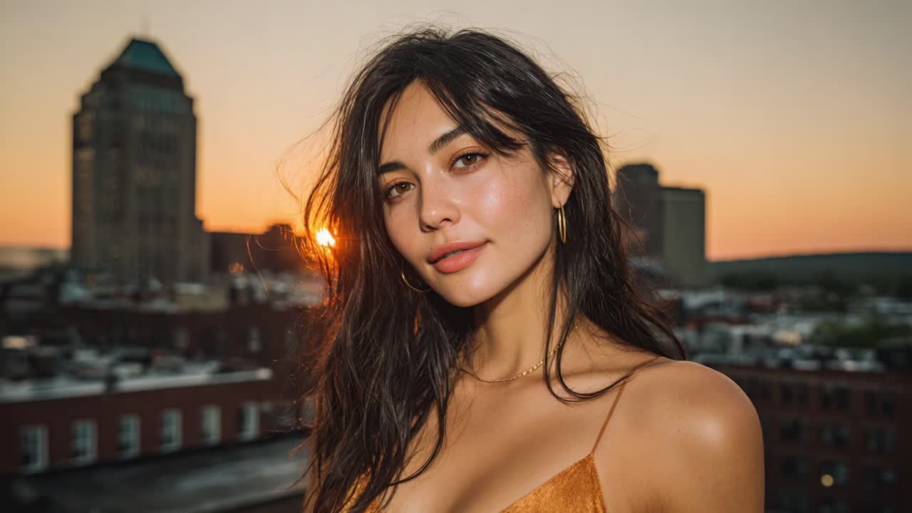 A Captivating Portrait of a Woman at Sunset, Highlighting Natural Beauty Against a Stunning Urban Skyline Backdrop