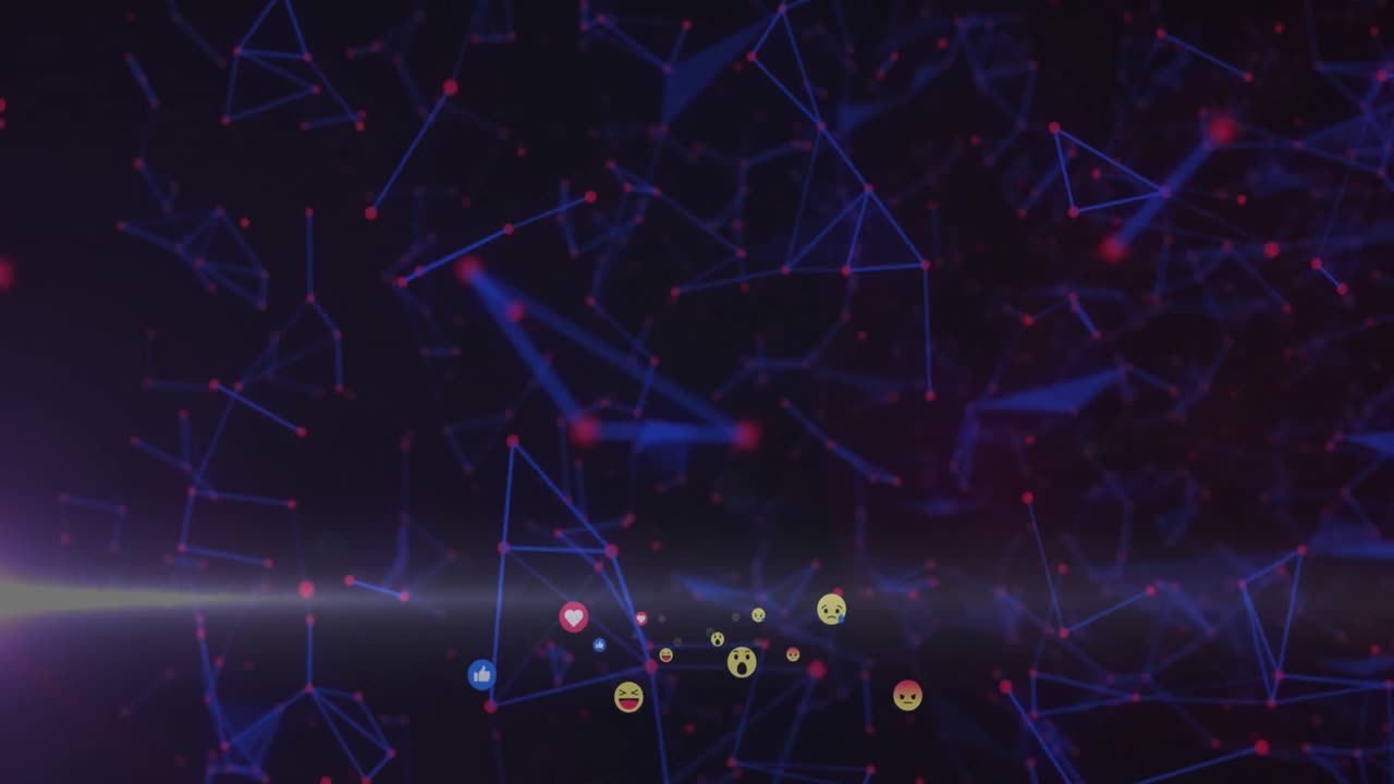 Animation of connections with emoticons over dark background with lights moving