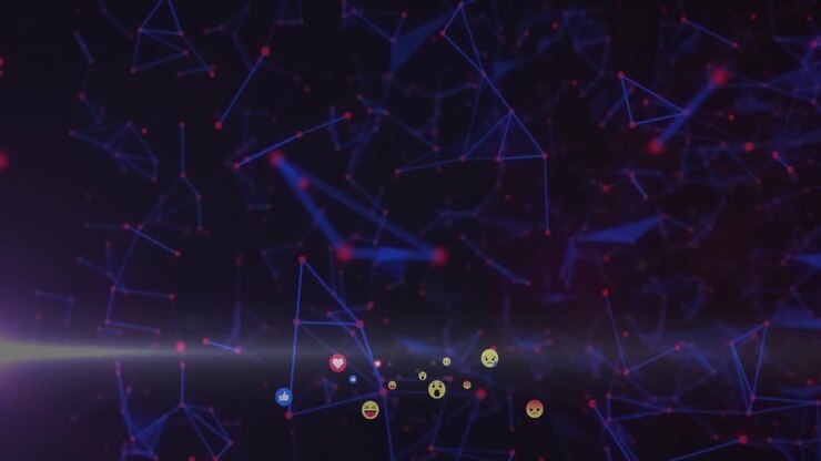 Animation of connections with emoticons over dark background with lights moving