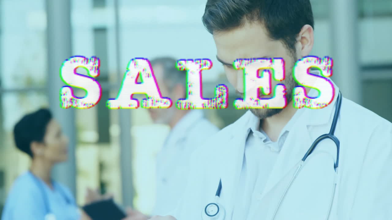 In school, animation of doctor in white coat working on tablet with SALES