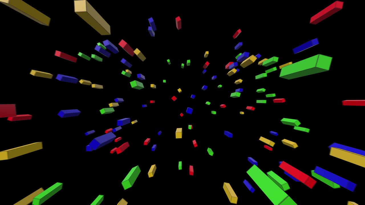 직사각형 큐브, 튜브 또는 블록이 흑색으로 우주 여행에서 떨어집니다.