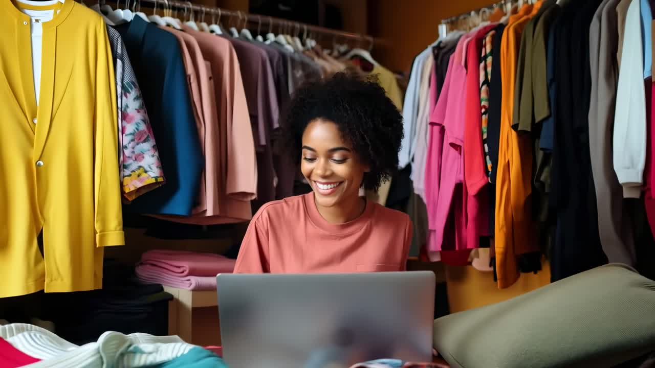 Uma mulher sorrindo enquanto usa um laptop em uma loja de roupas vibrante