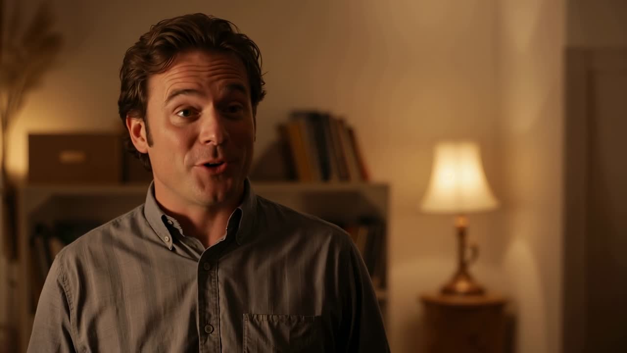 Smiling man in collared shirt responding to off-camera comment in warm study, with lamp bookshelf