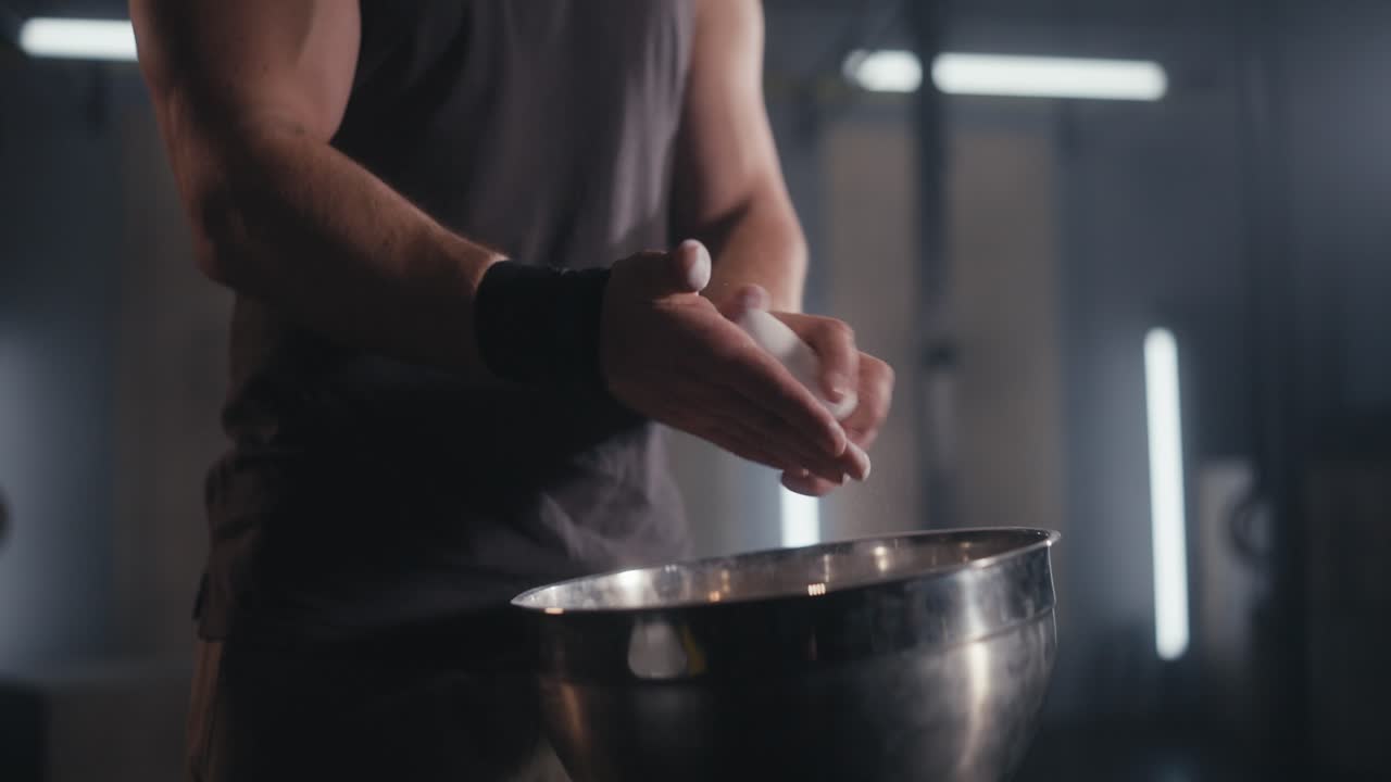 Weightlifter Applying Chalk to Hands