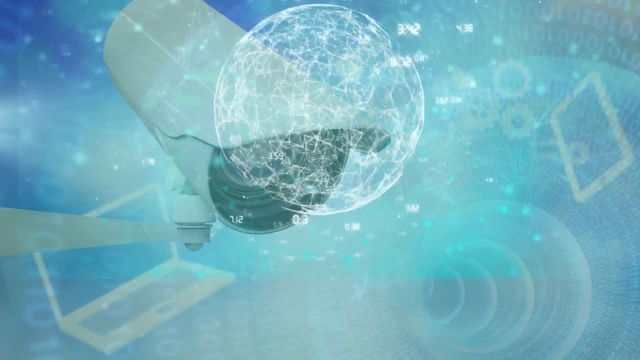 파란 공간에서 보안 카메라를 통해 데이터 처리를 하는 화면의 애니메이션