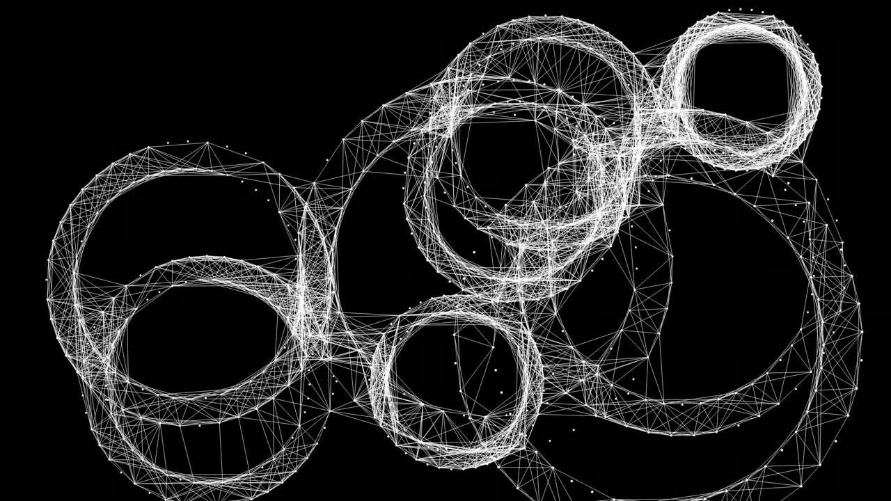 Interconnected white nodes and circles forming a complex network grid. Represents blockchain nodes, neural pathways, or global data connectivity