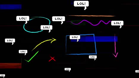 Lol text on multiple speech bubbles floating against colorful abstract shapes on black background