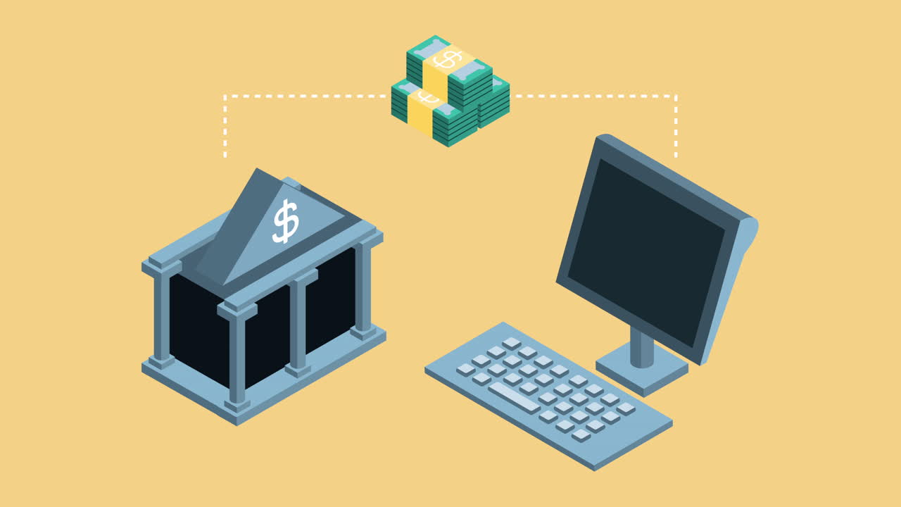 animación financiera de banco y escritorio