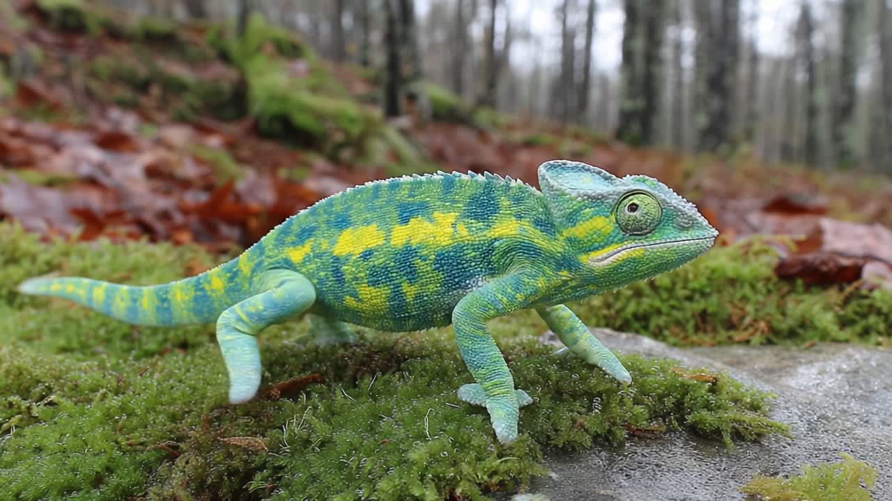 Vibrant Chameleon Displaying Its Unique Coloration and Interesting Patterns in a Lush Forest Environment, Showcasing Nature's Unique Beauty and Adaptation