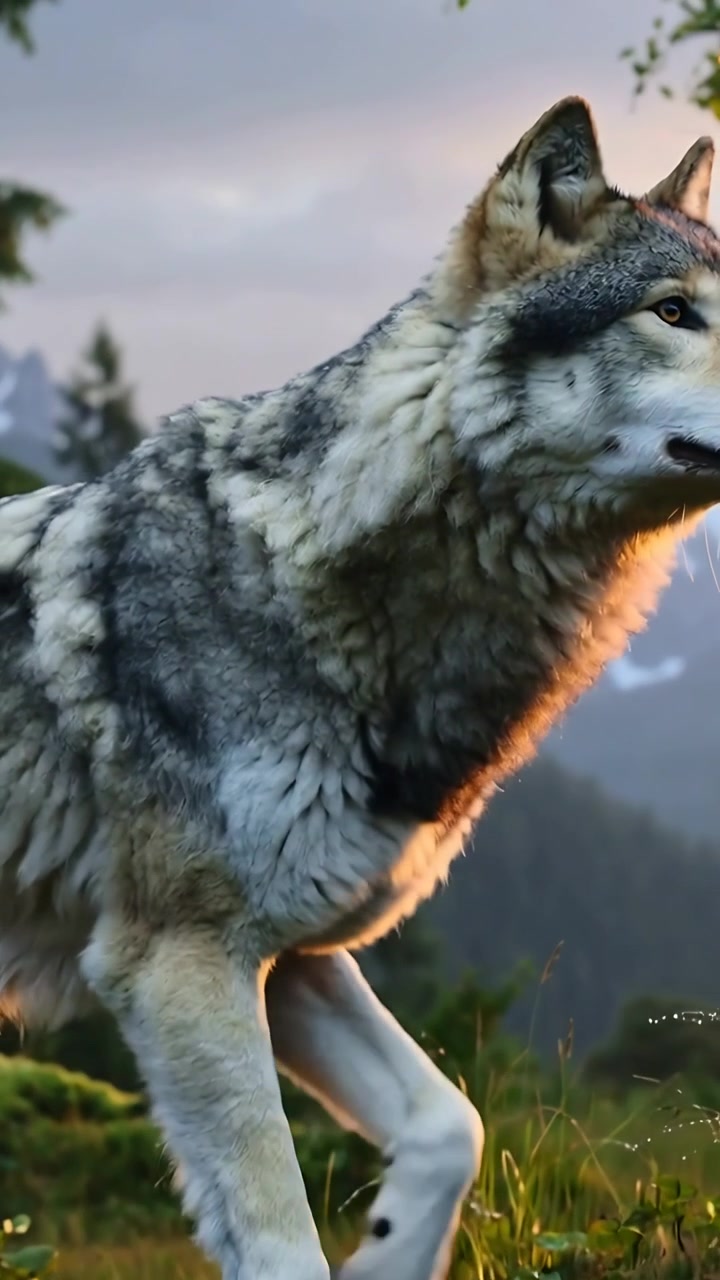 Vertical video: Stepping into frame, adult gray wolf moving across alpine meadow at dusk, with moss